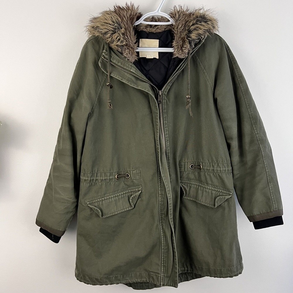 FOREVER 21 Green Hooded Faux Fur Collared Quilted Jacket ~ Womens Sz Medium